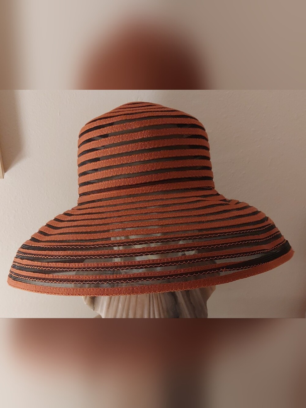 Saks Fifth Avenue Striped Wide-Brim Sun Hat in Rust and Black - Picture 2 of 8